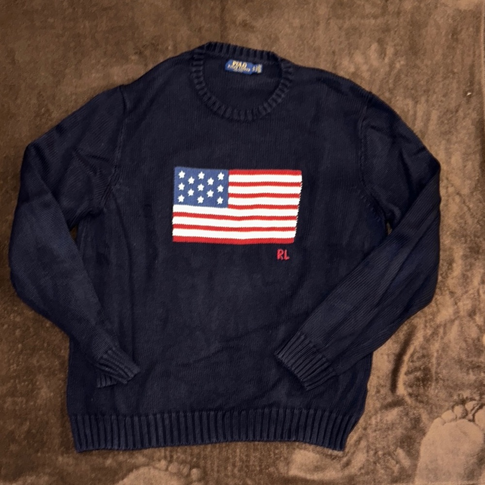 Ralph Lauren Blue Crewneck Sweater with American Flag